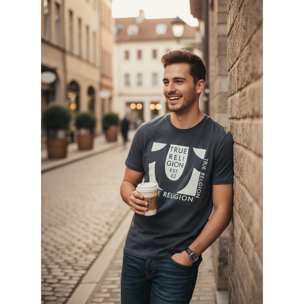 True Religion Mens‎ Horseshoe Logo Graphic T-Shirt Black XXL Short Sleeve Tee